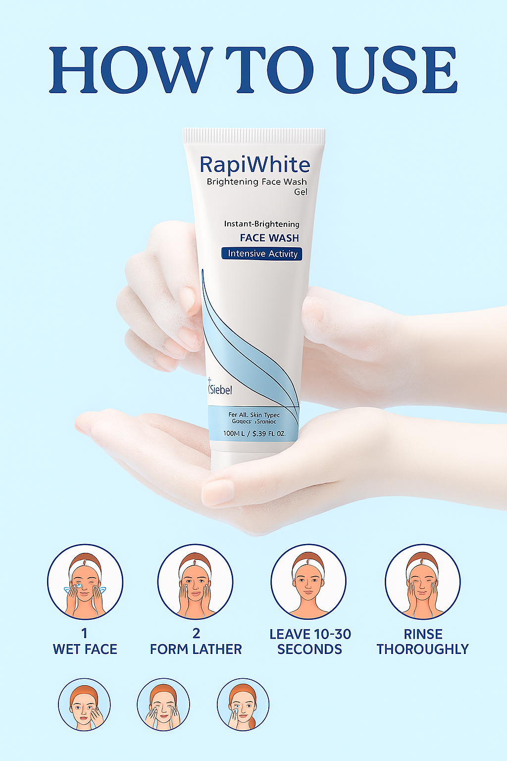 Rapi White Brightening Face Wash Gel – Medicated Face Cleanser for All Skin Types, Instant Glow, 100ml (3.38 fl. oz)