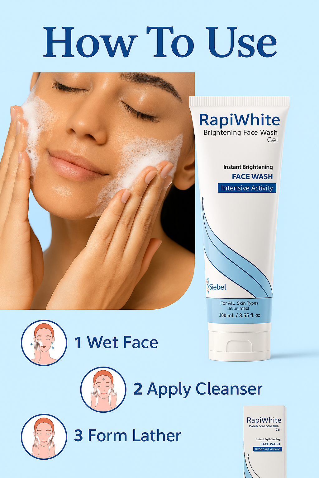 Rapi White Brightening Face Wash Gel – Medicated Face Cleanser for All Skin Types, Instant Glow, 100ml (3.38 fl. oz)