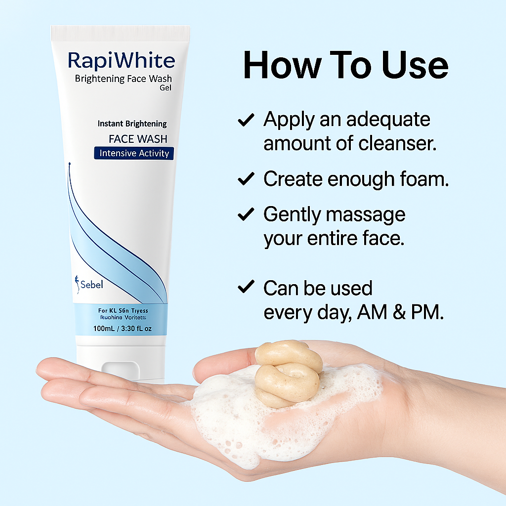 Rapi White Brightening Face Wash Gel – Medicated Face Cleanser for All Skin Types, Instant Glow, 100ml (3.38 fl. oz)