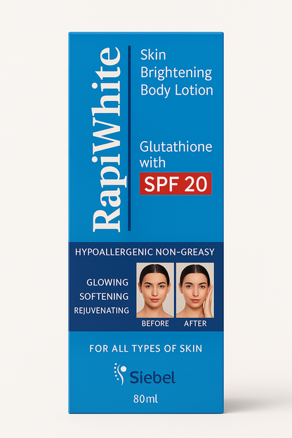 RapiWhite Glutathione Skin Brightening Body Lotion with SPF 20 – Hypoallergenic, Non-Greasy, Rejuvenating Glow for All Skin Types, 80ml