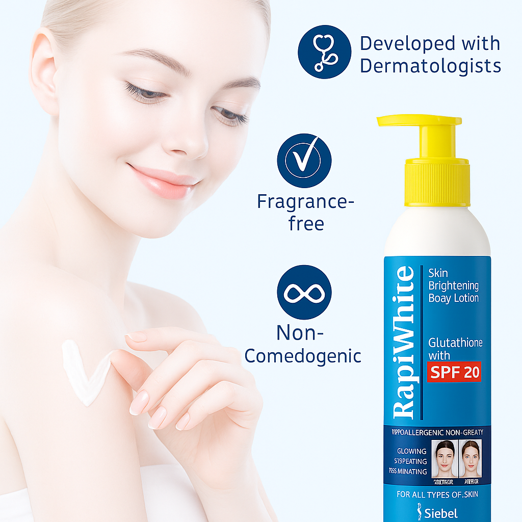 RapiWhite Glutathione Skin Brightening Body Lotion with SPF 20 – Hypoallergenic, Non-Greasy, Rejuvenating Glow for All Skin Types, 80ml