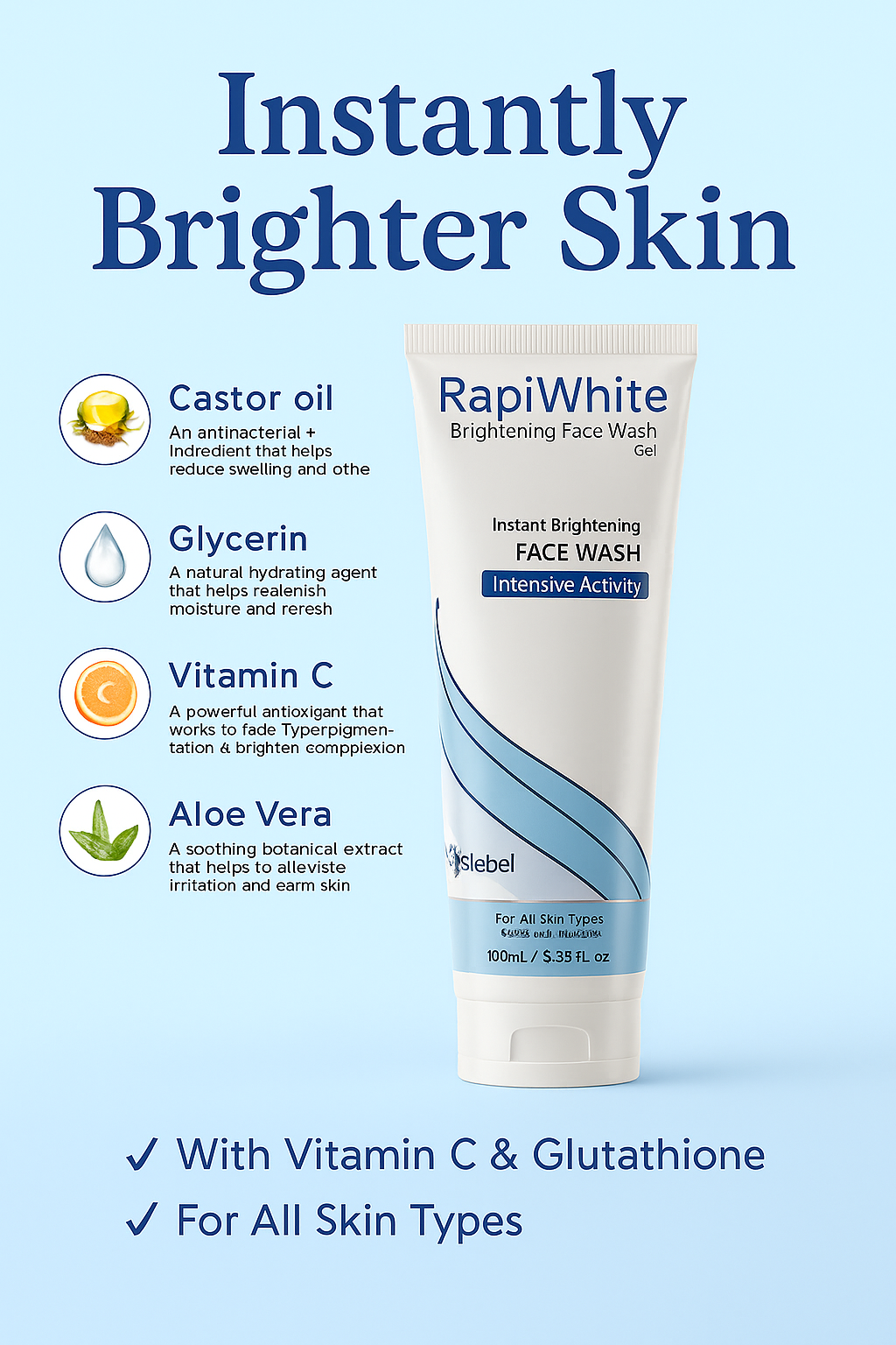 Rapi White Brightening Face Wash Gel – Medicated Face Cleanser for All Skin Types, Instant Glow, 100ml (3.38 fl. oz)