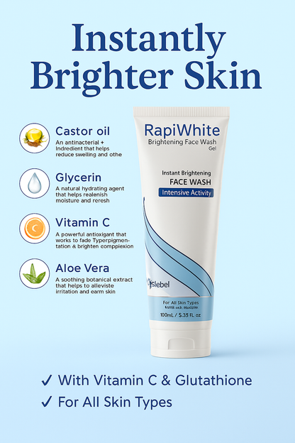 Rapi White Brightening Face Wash Gel – Medicated Face Cleanser for All Skin Types, Instant Glow, 100ml (3.38 fl. oz)