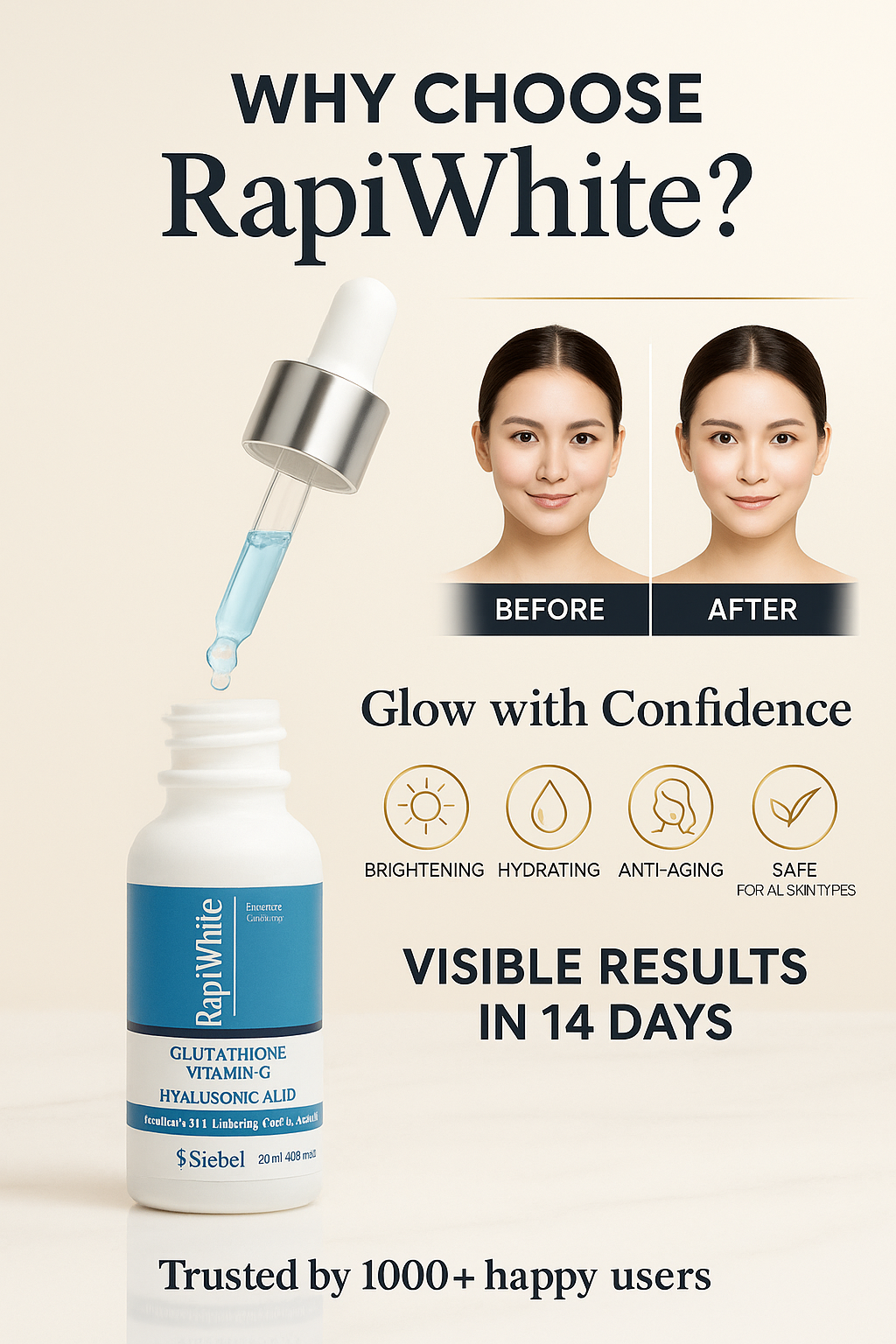 Rapiwhite Skin Lightening Serum – Glutathione, Vitamin C & Hyaluronic Acid | 20ml (0.68 fl oz)
